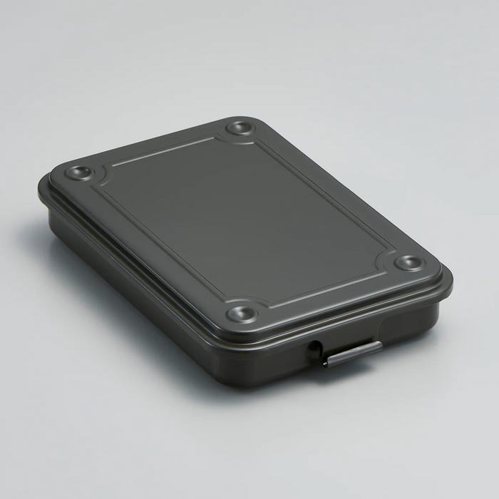 military green steel stackable storage box with fitted lid, shown closed.