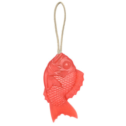 Red fish-shaped Tamanohada Welcome Soap with hanging rope, decorative Japanese bath soap inspired by traditional tai fish design.