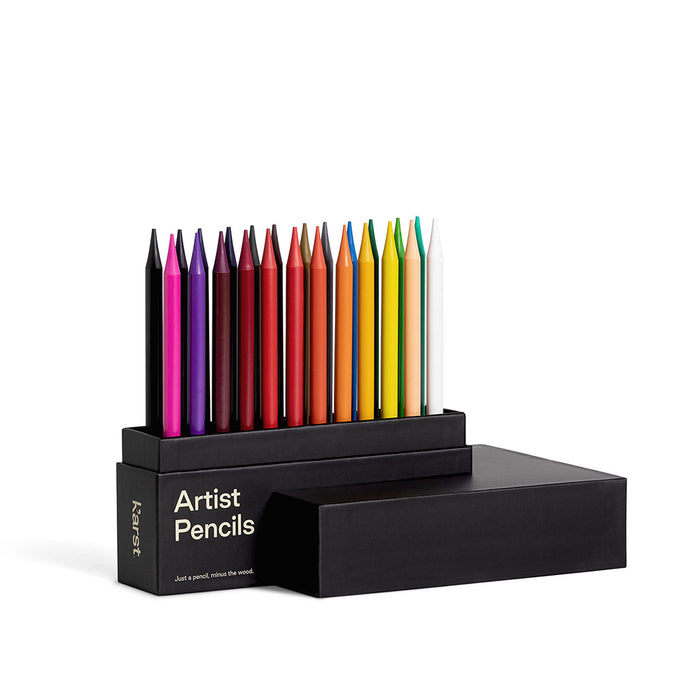 Karst Artist Colored Pencils set of 24 in black display box, premium woodless colored pencils for drawing, sketching, shading, and professional art projects.