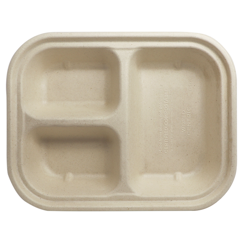 World Centric 10x7.5x1.5" (29 oz) Fiber Container Laminated, 3-Compt  | 215-Series | 400/cs