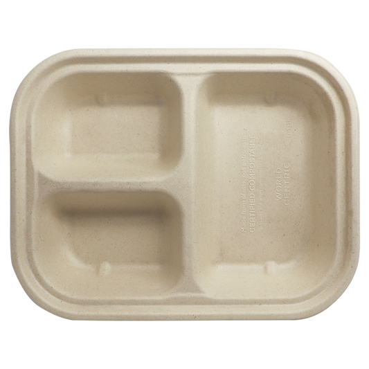 World Centric 10x7.5x1.5" (29 oz) Fiber Container Laminated, 3-Compt  | 215-Series | 400/cs